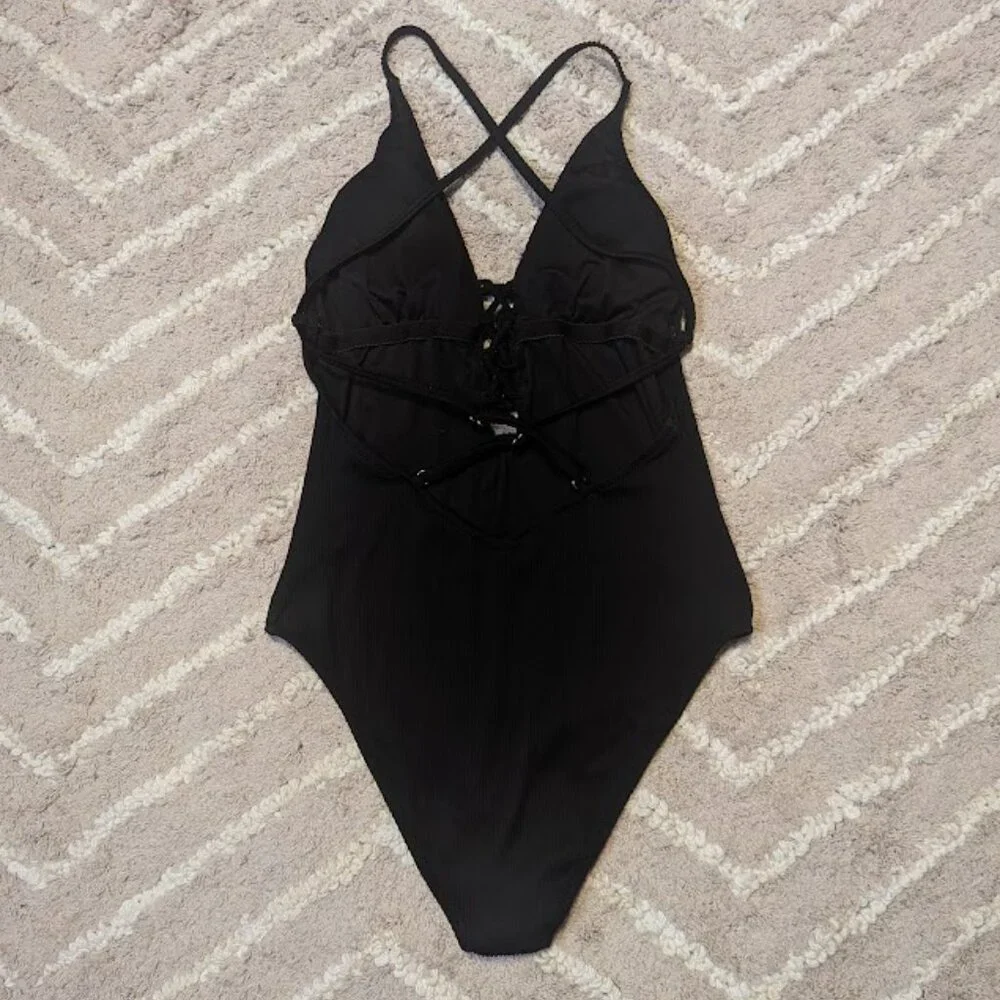 Women's Solid Color V Neck Lace Up One Piece Swimsuit Size M